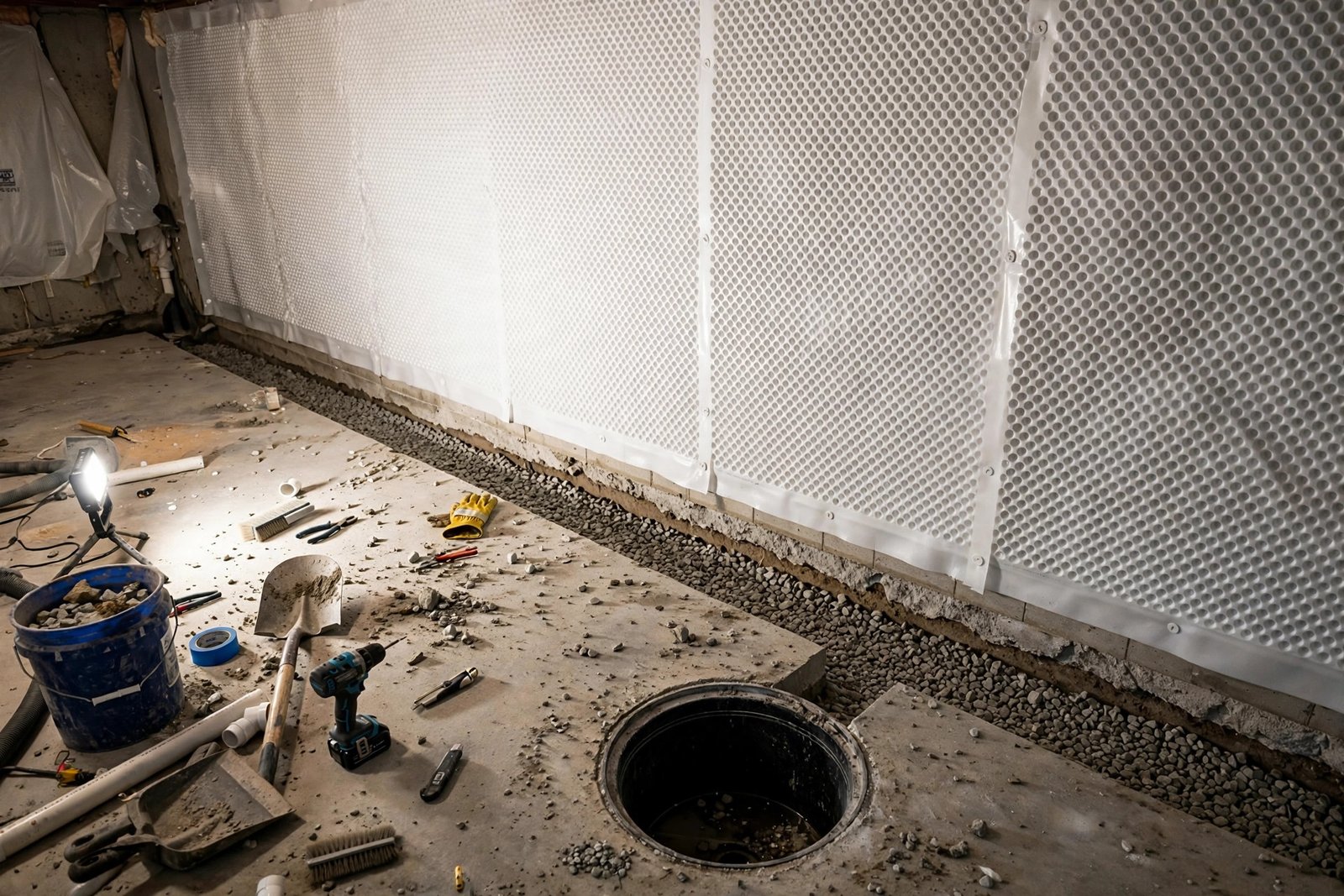 Interior waterproofing membrane and drainage channel being installed in a basement