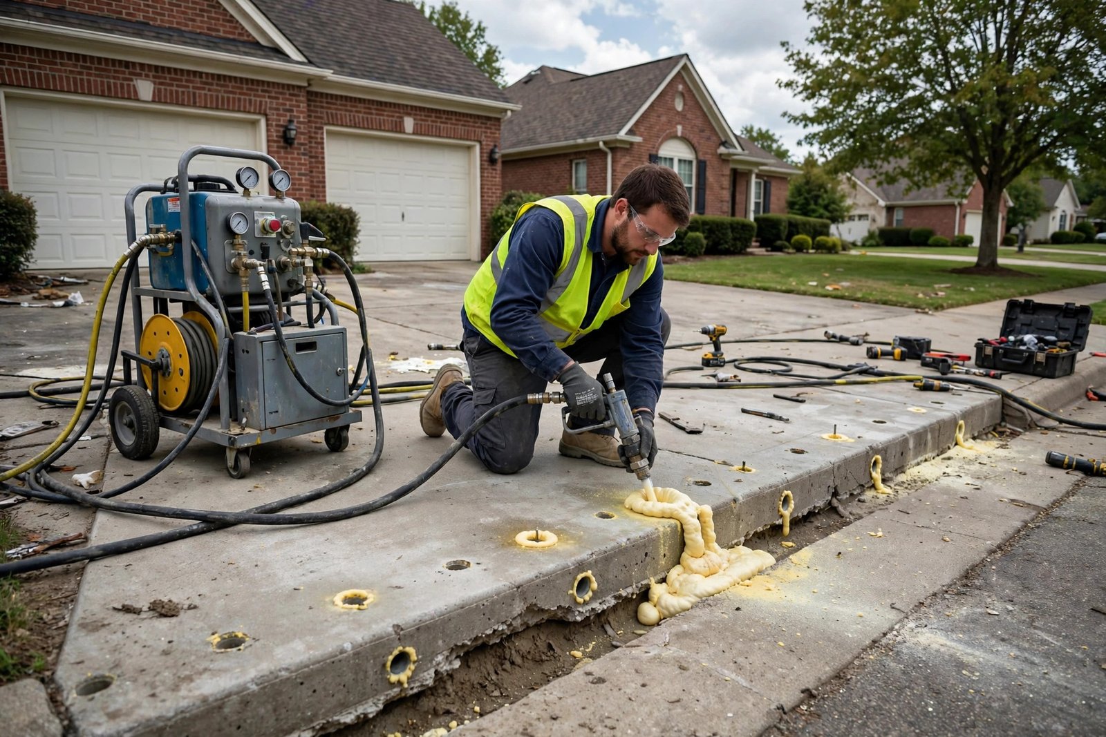 Technician injecting foam beneath a settled concrete slab