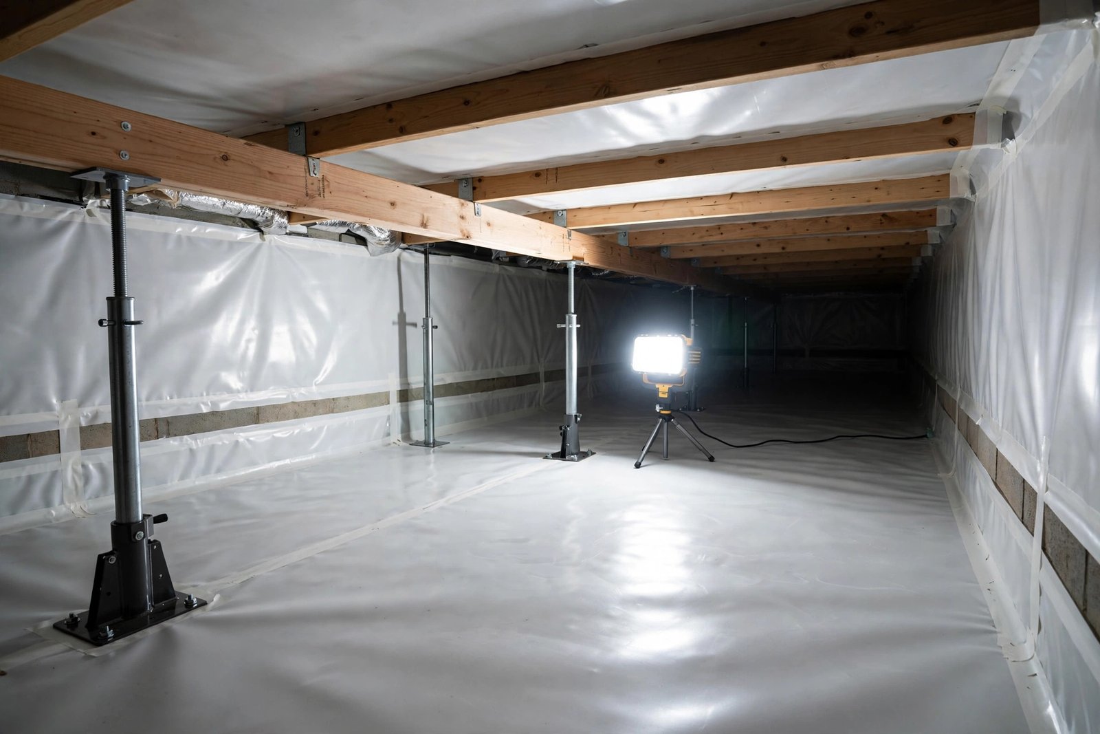 Encapsulated crawl space with white vapor barrier and steel support posts