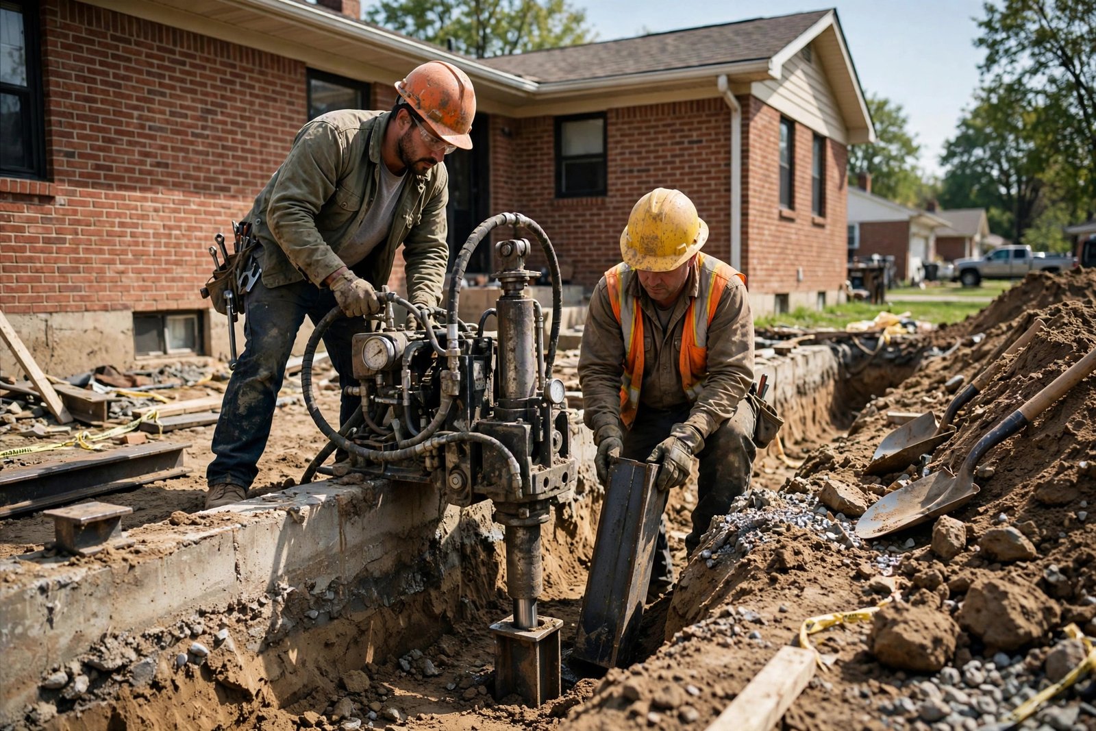 Foundation repair crew working beside a building's foundation