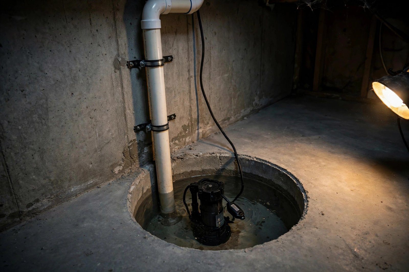 Sump pump installed in a basement corner with discharge pipe